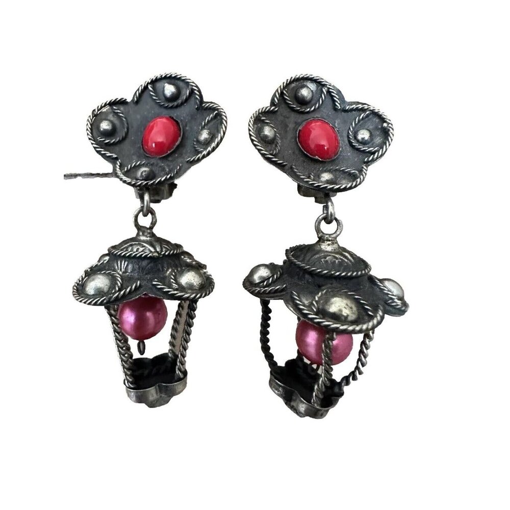 antique sterling silver Navajo Dangling Earrings Red Stone Faux Pearl B11